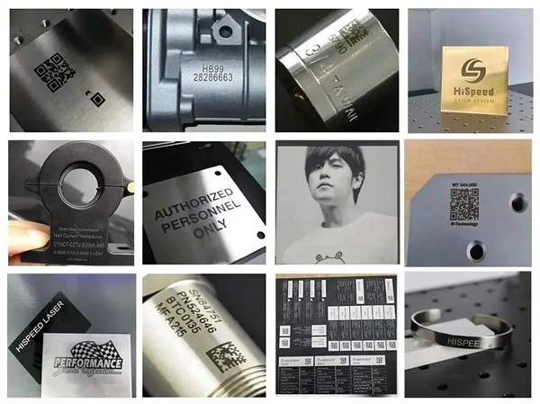 Fiber laser marking machine metal samples showing QR codes serial numbers logos and nameplates on stainless steel aluminum and brass parts Fiber laser marking machine metal samples showing QR codes serial numbers logos and nameplates on stainless steel aluminum and brass parts